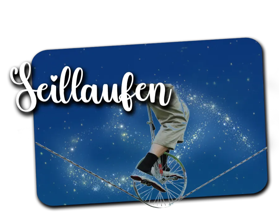 Seiltänzerin in goldenem Kostüm balanciert hoch über der Piste